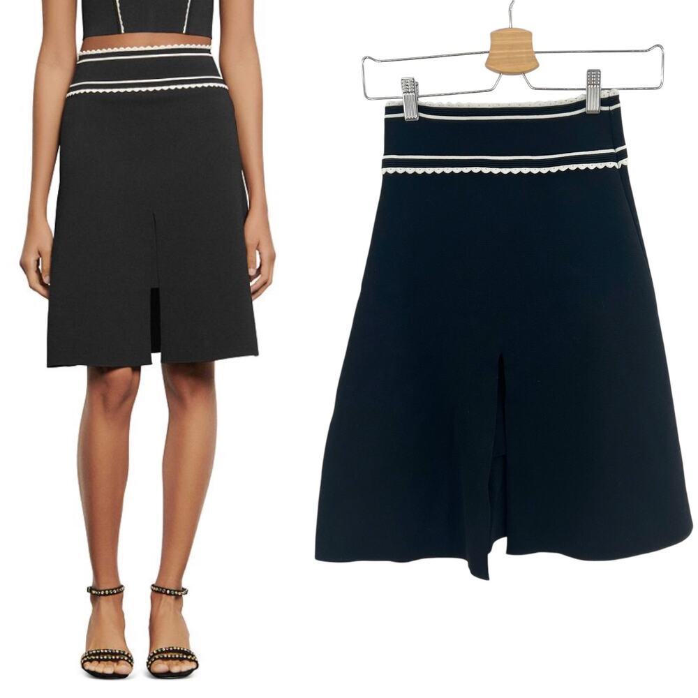 Sandro Anna Scalloped A-Line Skirt Black Sweater Knit‎ Front Slit Size 0 / US 2